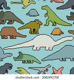Dinosaurs pixel art seamless pattern. 8bit Dino texture. pixelated Prehistoric monster lizard background. Ancient animal cartoon style. Childrens cloth ornament. Vector illustration
