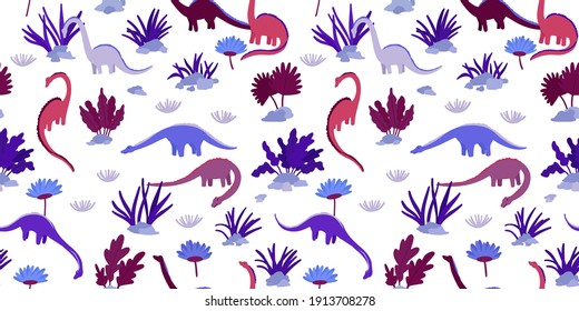 Dinosaurs and plants. Background seamless pattern for kids boys. Cute cartoon dinosaurs on white background. Vector cute illustration cartoon in style.