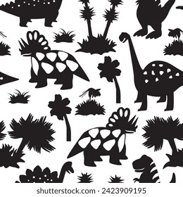 Dinosaurs and plants in black and white. Seamless pattern. Prehistoric animals. Triceratops, Brachiosaurus, T-rex and Stegosaurus. Cute dinosaur vector for fabric, paper, and background. Illustration.