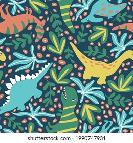 Dinosaurs and plants childish vector seamless pattern - for kids fabric, wrapping, textile, wallpaper, background.