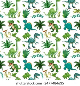 Dinosaurs and plants in a seamless pattern