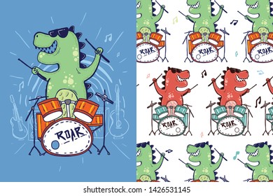 Dinosaurs play cute drums that are hand drawn with editable patterns. illustrations can be used for cards, baby invitations, bags, backgrounds, wallpapers, shirts, fabrics and digital and print media