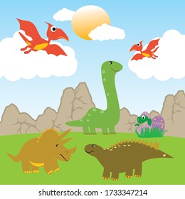 dinosaurs are playing in the garden together happily
