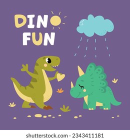 Dinosaurs poster for little baby fabric clothes. Funny dinos with cute cloud and heart. Friendship concept, kid monsters classy vector scene