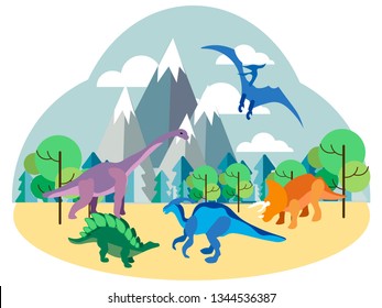 Dinosaurs, prehistoric animals on nature, set. In minimalist style Cartoon flat Vector Illustration