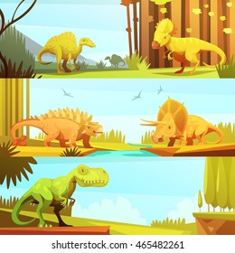 Dinosaurs in prehistoric environment 3 horizontal banners set in retro cartoon style abstract isolated vector illustration  