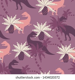 Dinosaurs in prehistoric forest on plum background. Seamless pattern. For textiles, fabrics, paper, Wallpaper