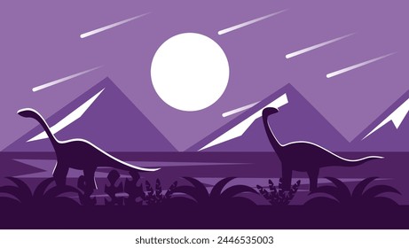 Dinosaurs in Prehistoric Jurassic Park Flat Night Landscape. Nature and history concept vector