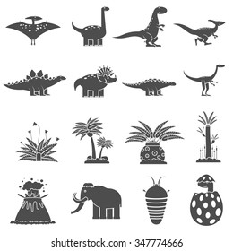 Dinosaurs and prehistoric nature black icons set isolated vector illustration