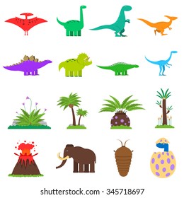 Dinosaurs and prehistoric plants flat icons set isolated vector illustration