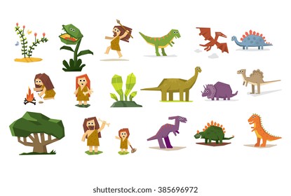 Dinosaurs and Prehistoric Plants and People, set Flat design Vector Illustration