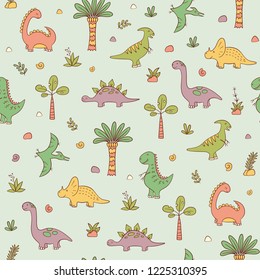 Dinosaurs and prehistoric plants. Vector seamless pattern in cartoon style. 
