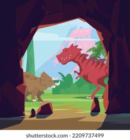 Dinosaurs in prehistoric scene with cave, flat cartoon vector illustration. Jurassic prehistoric background design with dinosaurs in wild primitive nature.