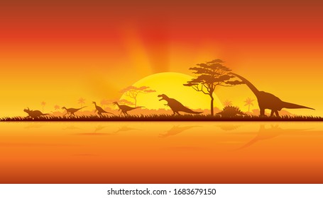 Dinosaurs in prehistoric scene. vector of dinosaurs background.