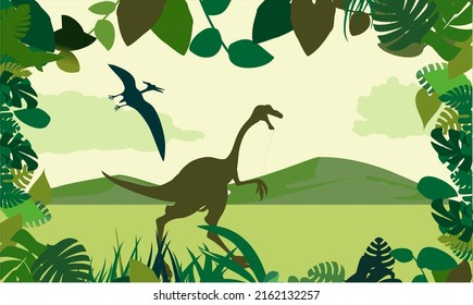 Plantilla vectorial de dinosaurios y plantas verdes prehistóricas