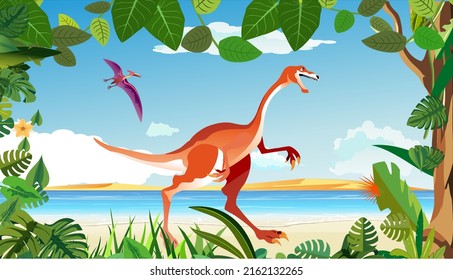 Dinosaurs and prehistoric world green plants colorfull vector template