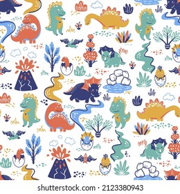 Dinosaurs in prehistoric world. Seamless pattern with vector hand drawn illustrations