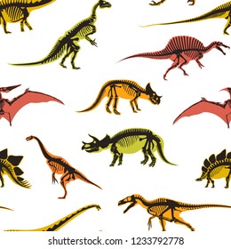 Dinosaurs and pterodactyl types of animals seamless pattern isolated on white background vector.