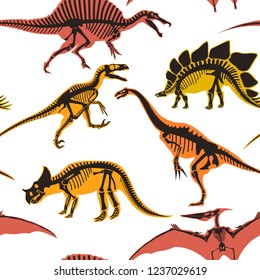Dinosaurs and pterodactyl types of animals seamless pattern isolated on white background vector.