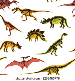 Dinosaurs and pterodactyl types of animals seamless pattern isolated on white background vector. Prehistoric monsters dino, jurassic period, reptiles tyrannosaurus ancient, triceratops diplodocus