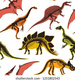 Dinosaurs and pterodactyl types of animals vector seamless pattern isolated on white background. Prehistoric monsters dino, jurassic period, reptiles tyrannosaurus ancient, triceratops diplodocus