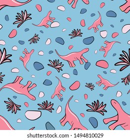 Dinosaurs, random, on rocks, pastel colors, pink, blue, on skyblue background. Vector seamless pattern.
