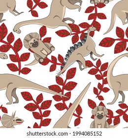 Dinosaurios con plantas rojas de fondo blanco. Patrón sin foco, vector.