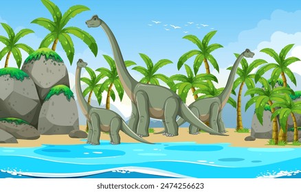 Dinosaurs roaming a lush, tropical beach