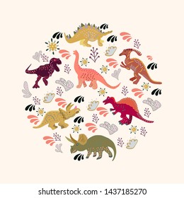 Dinosaurs round flat hand drawn composition. Circle border with dinosaurs on beige background. Greeting card, poster design element. Vector