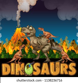 Dinosaurs run away from volcanoes  and wildfire illustration