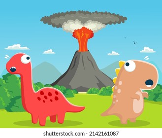 Dinosaurs scared looking volcanic eruption on the background