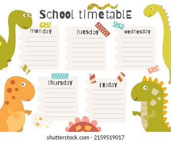 Dinosaurs School Timetable, Lesson Schedule Template. Vector Illustration. Week Chart With Cute Dinosaur And Snake On White Background