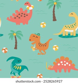 Dinossauros no mar padrão sem emenda. Dinos de desenhos animados bonitos com boia salva-vidas, prancha de surfe, barbatanas, palma, bola, sorvete e limonada em estilo plano.