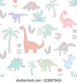 Dinosaurs seamless baby pattern. Background dino and tropical plants. Template with animal characters for fabric, paper and baby products design vector illustration