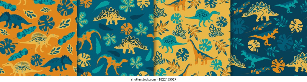 Dinosaurs seamless pattern. Ancient animals yellow on background of tropical green leaves reptiles of Jurassic period fashionable prehistoric dragons decorated with colored vector ornament.