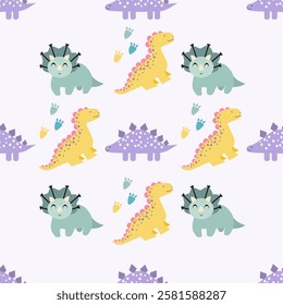 Dinosaurs seamless pattern background. Cute Dinosaurs illustration pattern. Cartoon Dinosaurs background. Perfect for fashion clothes, shirt, fabrics, textiles, wallpaper, decor, print, packaging.