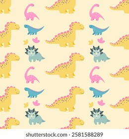 Dinosaurs seamless pattern background. Cute Dinosaurs illustration pattern. Cartoon Dinosaurs background. Perfect for fashion clothes, shirt, fabrics, textiles, wallpaper, decor, print, packaging.