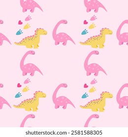 Dinosaurs seamless pattern background. Cute Dinosaurs illustration pattern. Cartoon Dinosaurs background. Perfect for fashion clothes, shirt, fabrics, textiles, wallpaper, decor, print, packaging.