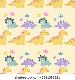 Dinosaurs seamless pattern background. Cute Dinosaurs illustration pattern. Cartoon Dinosaurs background. Perfect for fashion clothes, shirt, fabrics, textiles, wallpaper, decor, print, packaging.