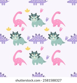 Dinosaurs seamless pattern background. Cute Dinosaurs illustration pattern. Cartoon Dinosaurs background. Perfect for fashion clothes, shirt, fabrics, textiles, wallpaper, decor, print, packaging.