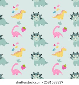 Dinosaurs seamless pattern background. Cute Dinosaurs illustration pattern. Cartoon Dinosaurs background. Perfect for fashion clothes, shirt, fabrics, textiles, wallpaper, decor, print, packaging.