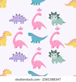 Dinosaurs seamless pattern background. Cute Dinosaurs illustration pattern. Cartoon Dinosaurs background. Perfect for fashion clothes, shirt, fabrics, textiles, wallpaper, decor, print, packaging.