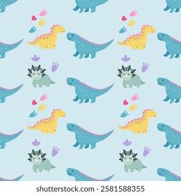 Dinosaurs seamless pattern background. Cute Dinosaurs illustration pattern. Cartoon Dinosaurs background. Perfect for fashion clothes, shirt, fabrics, textiles, wallpaper, decor, print, packaging.