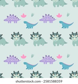 Dinosaurs seamless pattern background. Cute Dinosaurs illustration pattern. Cartoon Dinosaurs background. Perfect for fashion clothes, shirt, fabrics, textiles, wallpaper, decor, print, packaging.