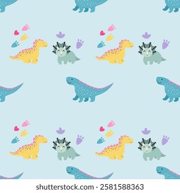 Dinosaurs seamless pattern background. Cute Dinosaurs illustration pattern. Cartoon Dinosaurs background. Perfect for fashion clothes, shirt, fabrics, textiles, wallpaper, decor, print, packaging.