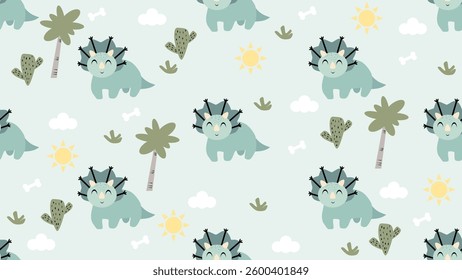 Dinosaurs seamless pattern background. Cute Dinosaurs illustration pattern. Cartoon Dinosaurs background. Perfect for fashion clothes, shirt, fabrics, textiles, wallpaper, decor, print, packaging.