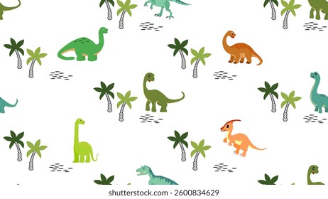 Dinosaurs seamless pattern background. Cute Dinosaurs illustration pattern. Cartoon Dinosaurs background. Perfect for fashion clothes, shirt, fabrics, textiles, wallpaper, decor, print, packaging.