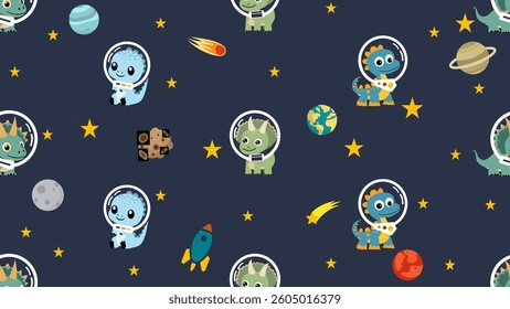 Dinosaurs seamless pattern background. Dinosaurs doodle illustration pattern. Astronaut dinosaurs background. Perfect for fabrics, textile, wallpaper, decor. SSTKbackgrounds
