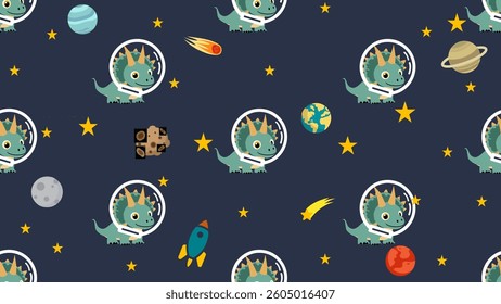 Dinosaurs seamless pattern background. Dinosaurs doodle illustration pattern. Astronaut dinosaurs background. Perfect for fabrics, textile, wallpaper, decor. SSTKbackgrounds