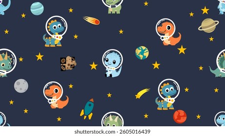 Dinosaurs seamless pattern background. Dinosaurs doodle illustration pattern. Astronaut dinosaurs background. Perfect for fabrics, textile, wallpaper, decor. SSTKbackgrounds
